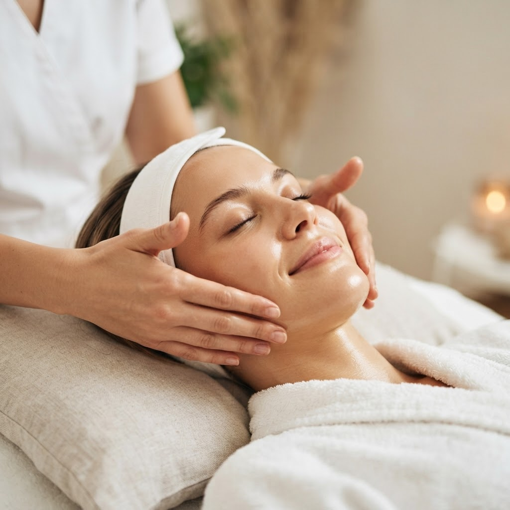 A woman relaxing while enjoying a gentle face massage