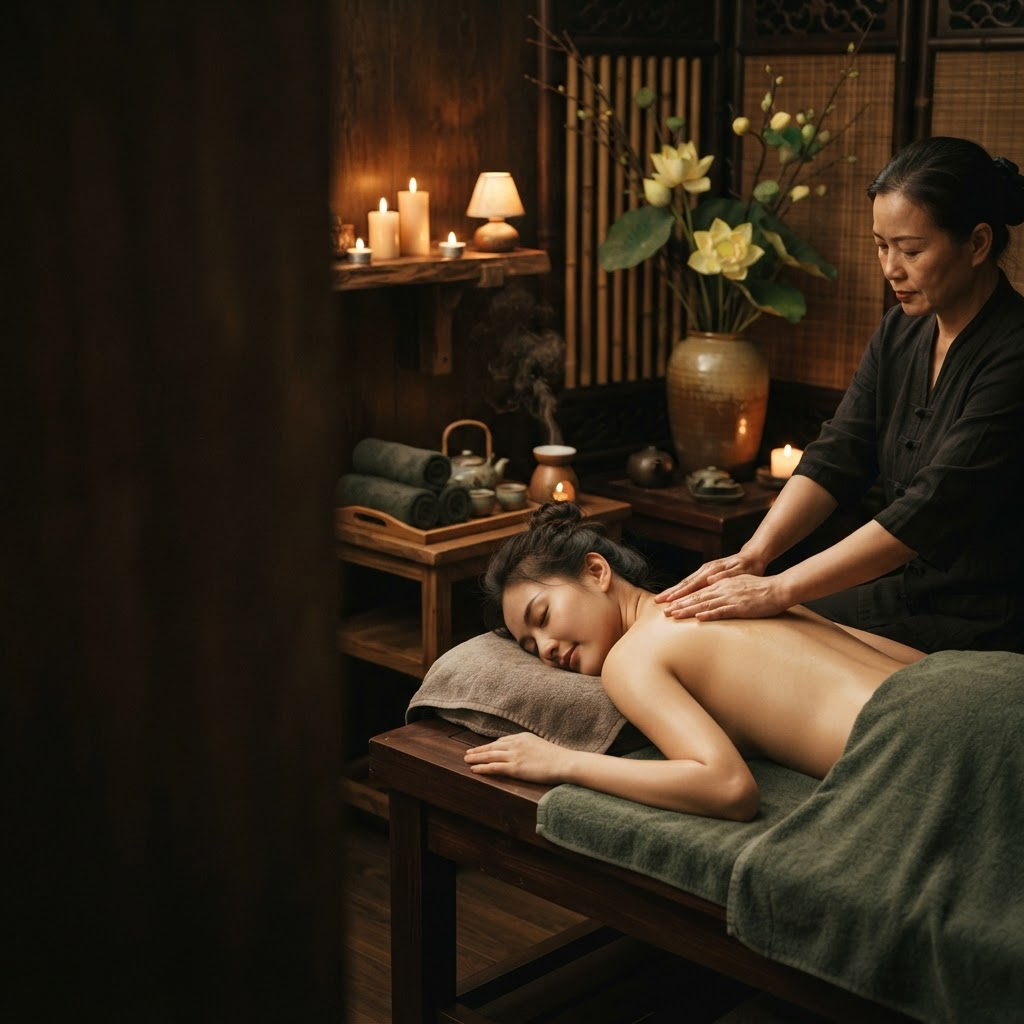 A woman peacefully receiving a relaxing traditional Chinese back massage by candlelight